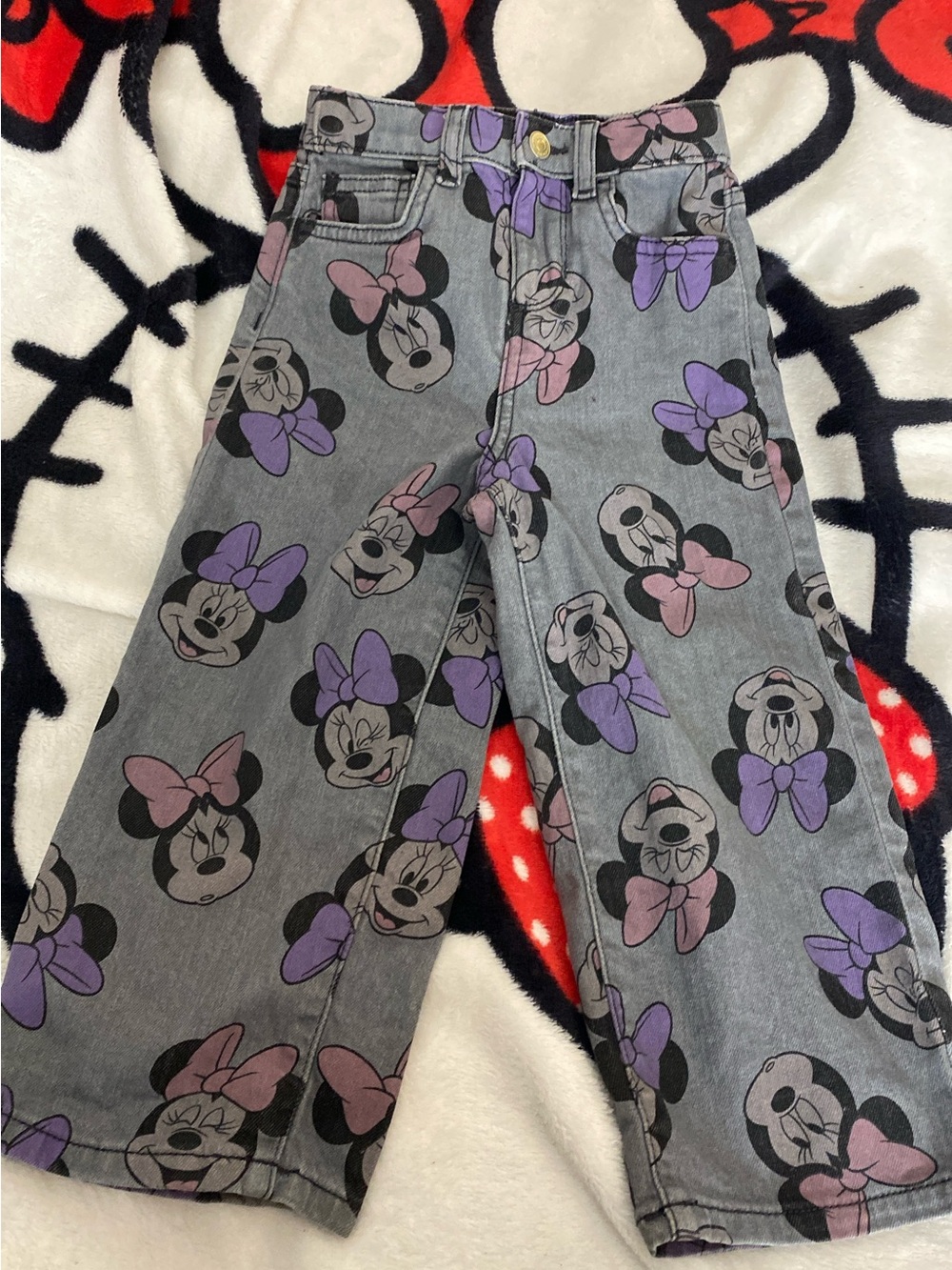 Disney Gray Minnie Mouse Wide-Leg Jeans with Pink & Purple Bows